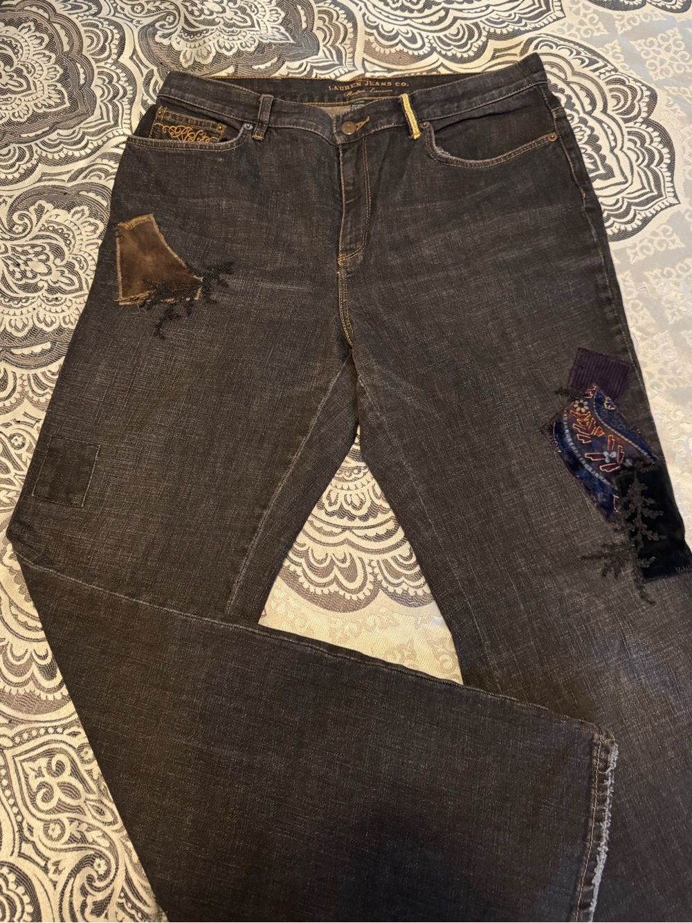 Lauren Jeans Co. Ralph Lauren Black Denim Jeans with Patchwork Accents Size 12